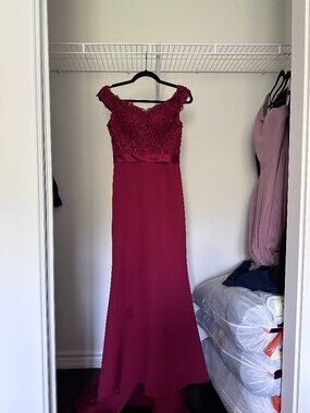 Off the shoulder, floor length bridesmaid/prom/bridal dress with sheer lace trai